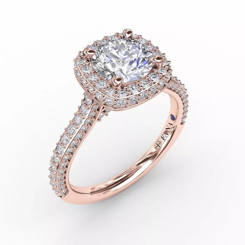 FANA Cushion-Shaped Waterfall Halo Engagement Ring With Pavé Band