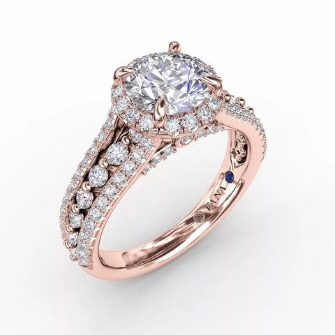 FANA Classic Round Diamond Halo Engagement Ring With Triple-Row Diamond Band Rose