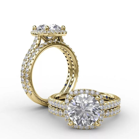FANA Cushion-Shaped Halo Diamond Engagement Ring with Diamond Band