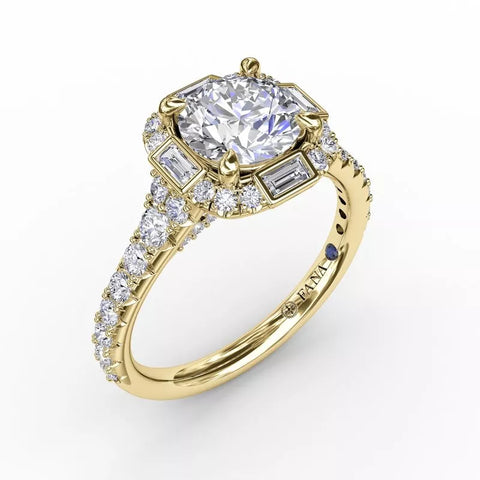 FANA Cushion Shaped Diamond Halo Engagement Ring With Baguettes