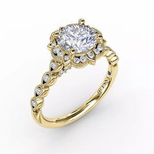 FANA Round Diamond Engagement With Floral Halo and Milgrain Details Gold