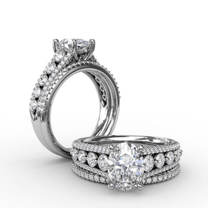 Classic Oval Diamond Solitaire Engagement Ring With Triple-Row Diamond Band