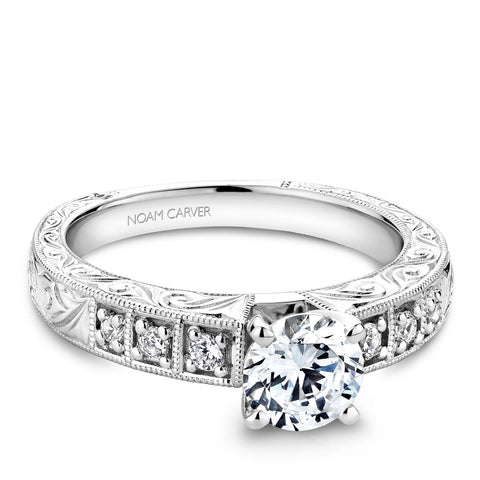Noam Carver White Gold Milgrain and Carved Shank Diamond Engagement Ring (0.14 CTW)