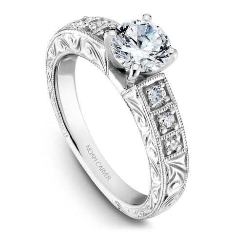 Noam Carver White Gold Milgrain and Carved Shank Diamond Engagement Ring (0.14 CTW)