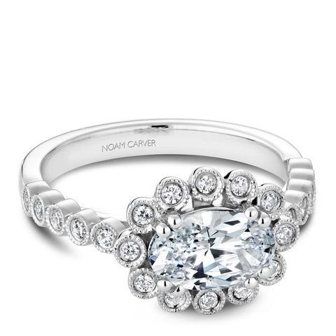 Noam Carver White Gold Oval Diamond Engagement Ring with Milgrain Dot Halo and Shank (0.24 CTW)