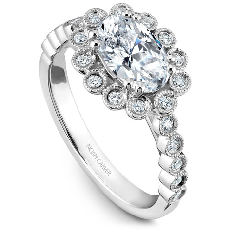 Noam Carver White Gold Oval Diamond Engagement Ring with Milgrain Dot Halo and Shank (0.24 CTW)