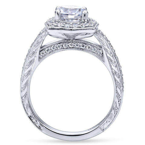 Gabriel Bridal Collection White Gold Channel and Hand Cut Etched Round Halo Diamond Engagement Ring (0.59 ctw)