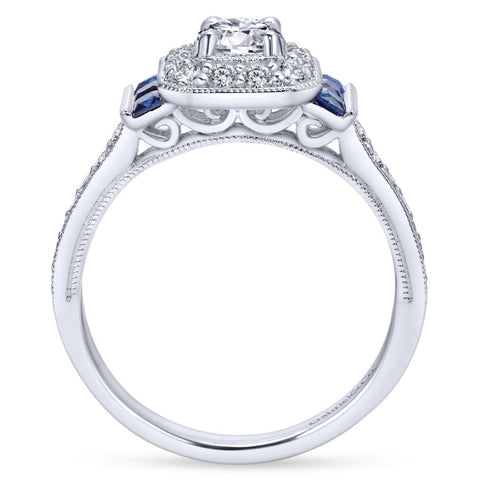 Gabriel Bridal Collection White Gold Diamond Halo and Side Sapphire Engagement Ring with Milgrain Detailing (0.4 ctw)