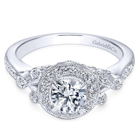 Gabriel Bridal Collection White Gold Halo Engagement Ring with Scroll Work Accent Stones (0.27 ctw)
