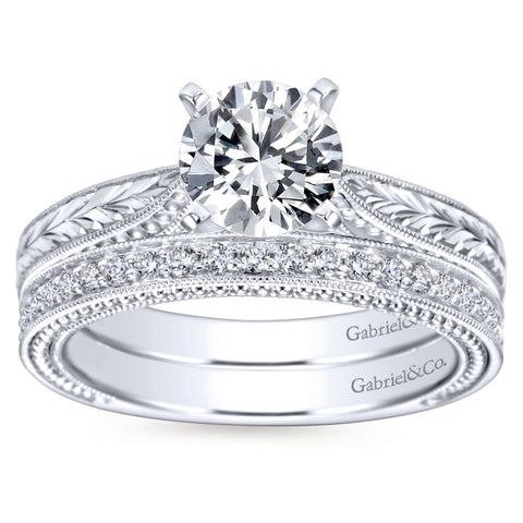 Gabriel Bridal Collection White Gold Straight Hand Cut Etching Engagement Ring with Cathedral Setting
