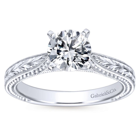 Gabriel Bridal Collection White Gold Straight Hand Cut Etching Engagement Ring with Cathedral Setting