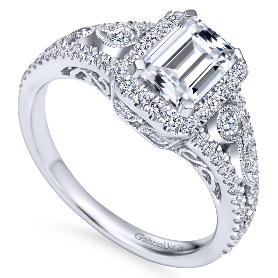 14K White Gold Filigree Engagement Ring Setting 8x6 Emerald Cut Vintage Style 9.25