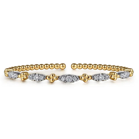 Gabriel & Co. 14K White Yellow Gold Bujukan Beads and Diamond Station Split Bangle Bracelet
