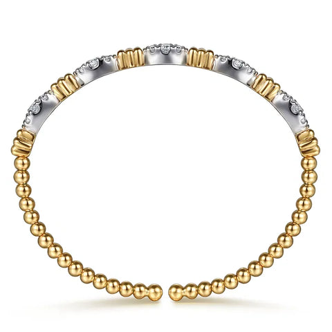 Gabriel & Co. 14K White Yellow Gold Bujukan Beads and Diamond Station Split Bangle Bracelet