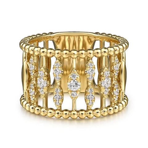 Gabriel & Co. 14K Yellow Gold Diamond and Bujukan Beads Wide Band Ring