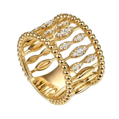Gabriel & Co. 14K Yellow Gold Diamond and Bujukan Beads Wide Band Ring
