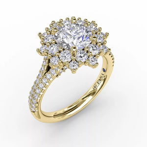 FANA Contemporary Floral Halo Engagement Ring With Double-Row Pavé Band Gold