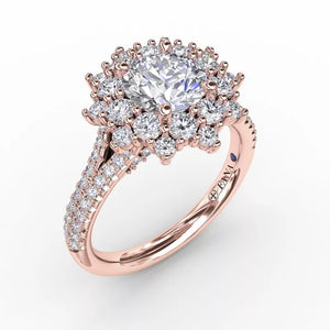 FANA Contemporary Floral Halo Engagement Ring With Double-Row Pavé Band Rose