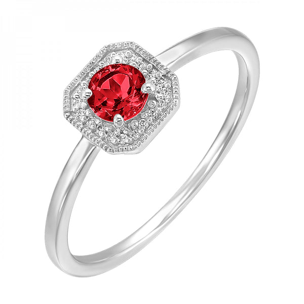 White Gold Diamond and Created Garnet Gemstone Ring