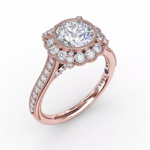 FANA Vintage Scalloped Halo Engagement Ring With Milgrain Details Rose