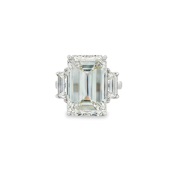 12.28 ct Emerald-Cut Diamond & Trapezoid Sides in Platinum Three-Stone Ring