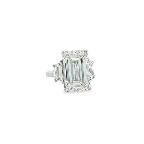 12.28 ct Emerald-Cut Diamond & Trapezoid Sides in Platinum Three-Stone Ring