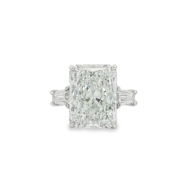 10.38 ct Radiant with Tapered Baguette Sides in Platinum Three-Stone Ring