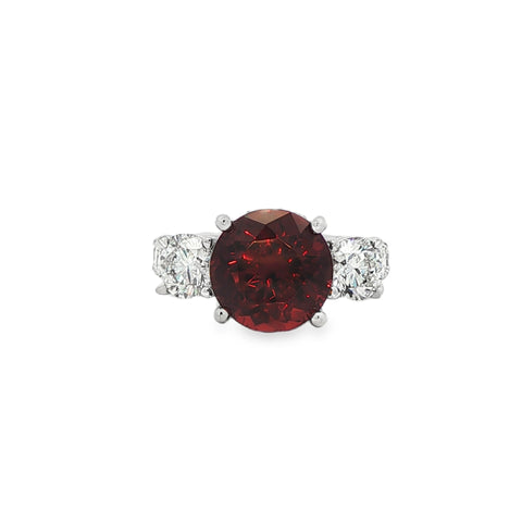 5.50CT Round Cut Rose Malaya Garnet with a 2.65CTW Diamond Side Stone Ring set in 18K White Gold