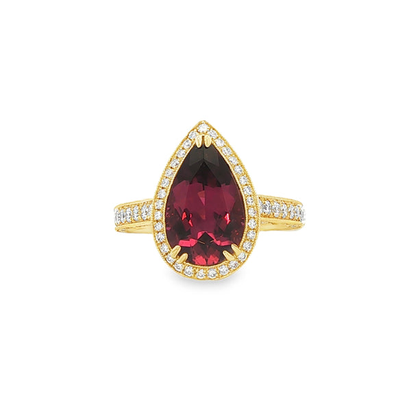 3.00CT Pear Shaped Rubellite Tourmaline with 1.30CTW Diamond Halo Ring set in 18K Yellow Gold