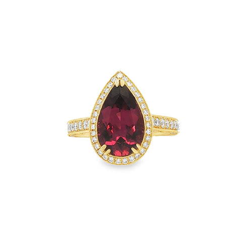 3.00CT Pear Shaped Rubellite Tourmaline with 1.30CTW Diamond Halo Ring set in 18K Yellow Gold