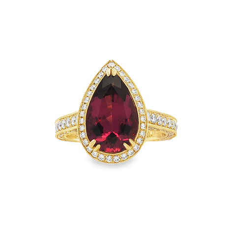 3.00CT Pear Shaped Rubellite Tourmaline with 1.30CTW Diamond Halo Ring set in 18K Yellow Gold