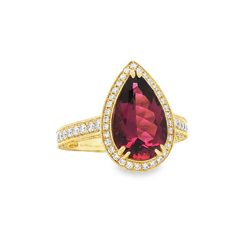 3.00CT Pear Shaped Rubellite Tourmaline with 1.30CTW Diamond Halo Ring set in 18K Yellow Gold