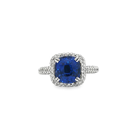 5.08CTW Cushion Cut Blue Sapphire 1.25CTW Diamond Halo Cocktail Ring set in 18K White Gold