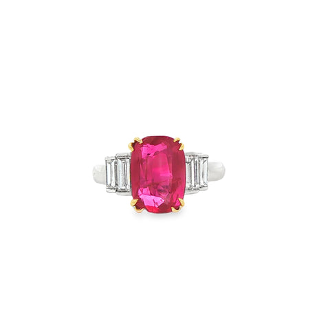 4.02CT Cushion Cut Ruby with 0.625CTW Baguette Diamonds on a Tiffany & Co. Shank set in 18K Yellow Gold & Platinum