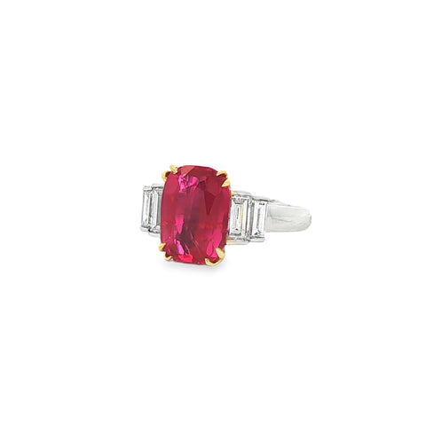 4.02CT Cushion Cut Ruby with 0.625CTW Baguette Diamonds on a Tiffany & Co. Shank set in 18K Yellow Gold & Platinum