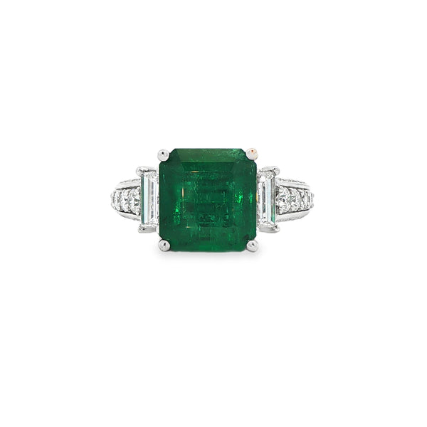 3.37GTW Emerald-Cut Emerald with Baguette Diamond 3 Sided Semi Mount set in 18K White Gold
