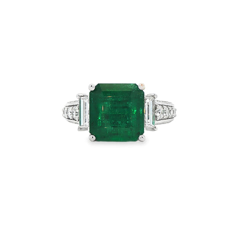 3.37GTW Emerald-Cut Emerald with Baguette Diamond 3 Sided Semi Mount set in 18K White Gold