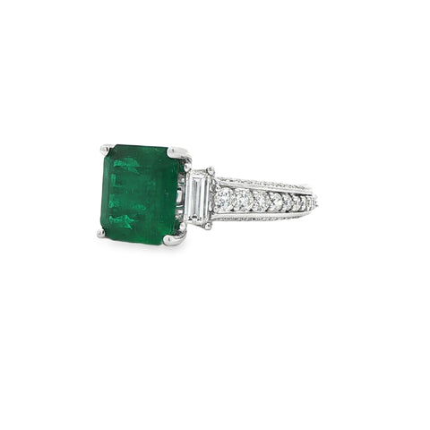 3.37GTW Emerald-Cut Emerald with Baguette Diamond 3 Sided Semi Mount set in 18K White Gold