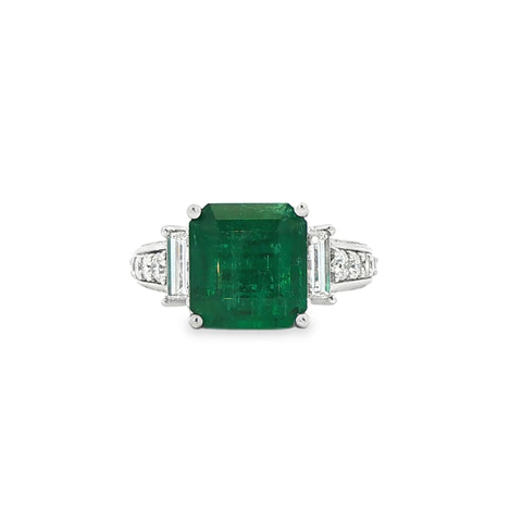 3.37GTW Emerald-Cut Emerald with Baguette Diamond 3 Sided Semi Mount set in 18K White Gold