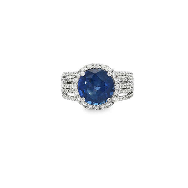 4.00CTW Round Blue Sapphire .82CTW Five Row Split Shank Diamond Cocktail Ring set in 18K White Gold
