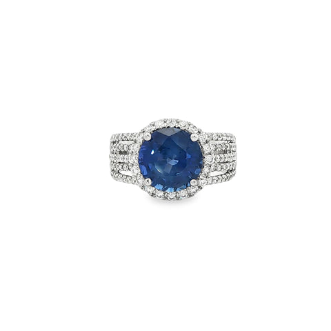4.00CTW Round Blue Sapphire .82CTW Five Row Split Shank Diamond Cocktail Ring set in 18K White Gold
