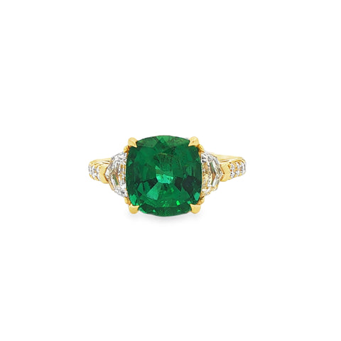 3.68TGW Cushion-Cut Emerald with .94CTW 3 Stone Ring set in 18K Yellow Gold