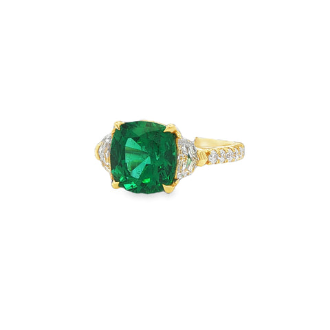 3.68TGW Cushion-Cut Emerald with .94CTW 3 Stone Ring set in 18K Yellow Gold