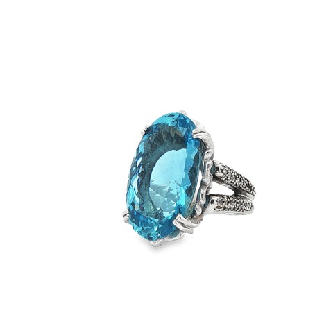 22.13CTW Oval Aquamarine 1.00CTW Diamond Split Shank Cocktail Ring set in 18K White Gold