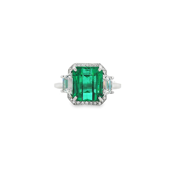 5.46CTW Emerald Cut Emerald with 1.20CTW Diamond Halo Cocktail Ring in Platinum