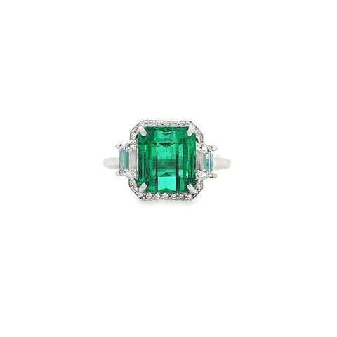 5.46CTW Emerald Cut Emerald with 1.20CTW Diamond Halo Cocktail Ring in Platinum