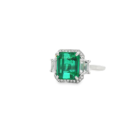 5.46CTW Emerald Cut Emerald with 1.20CTW Diamond Halo Cocktail Ring in Platinum