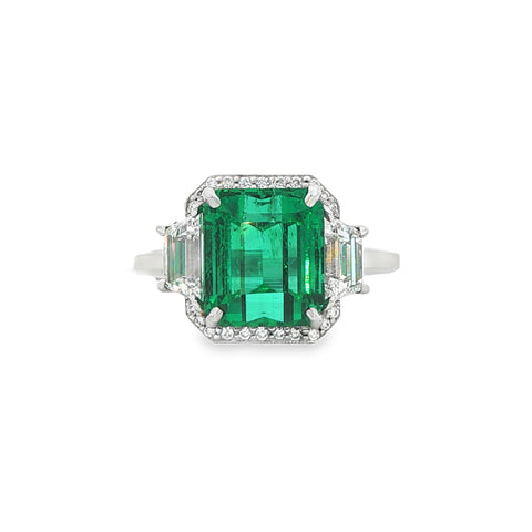 5.46CTW Emerald Cut Emerald with 1.20CTW Diamond Halo Cocktail Ring in Platinum