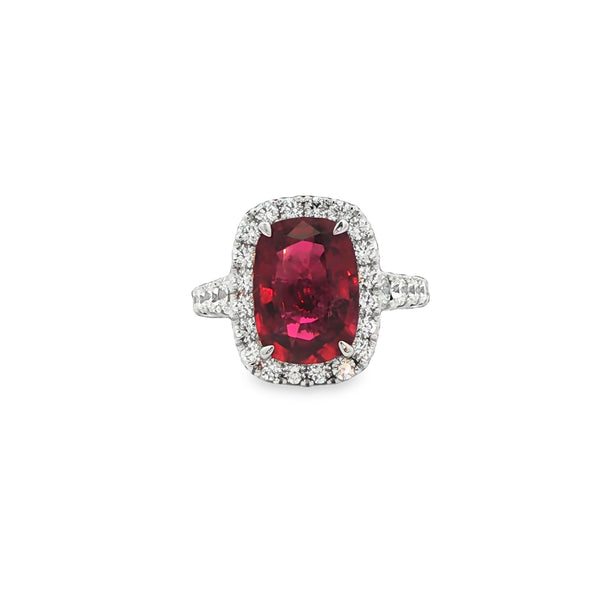 4.00CTW Rubellite 1.29CTW G/SI Cushion Ring set in 18K White Gold