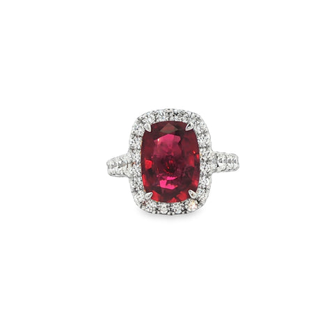 4.00CTW Rubellite 1.29CTW G/SI Cushion Ring set in 18K White Gold